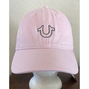 True Religion Women's Snapback Hat (Ball Cap) Pink /Grey Script Adjustable NWT